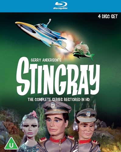 Blu-ray cover art for Gerry Anderson's Stingray featuring the submarine and three puppet characters.