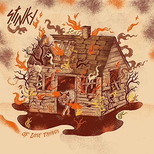 CD cover: burning cabin with a fox standing in the doorway.