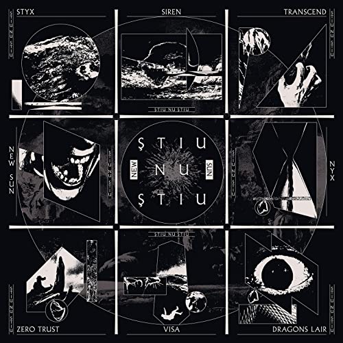 Black and white album cover with fragmented images and bold text.