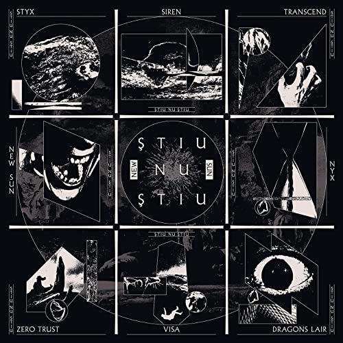 Black and white vinyl record cover with fragmented, surreal imagery.