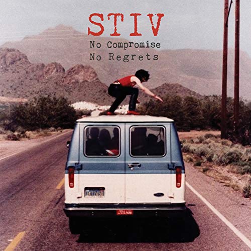 Album cover featuring a person on top of a van driving down a desert road.