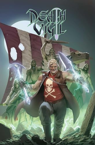 A blonde man in a skull shirt wields glowing weapons against undead monsters.