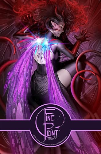 A horned woman with glowing purple wings surrounded by red tendrils on a book cover.
