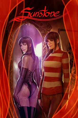 Two women stand together, one in a dark bodysuit and one in a striped sweater.