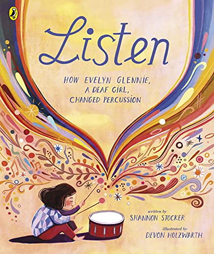 Book cover: "Listen," featuring a girl playing a red drum with colorful swirls.