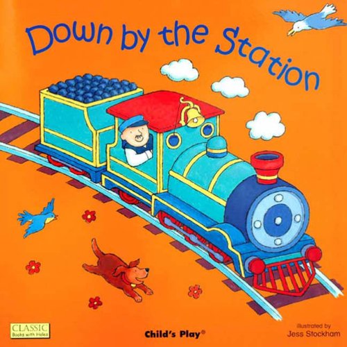 Blue train with a driver, dog, birds, and the book title.