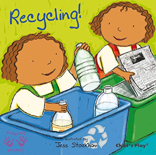 Two children sorting plastic bottles and newspapers into a blue recycling bin.