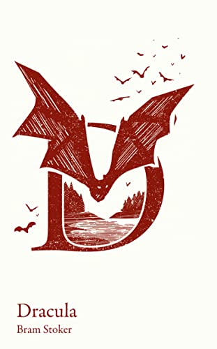 Red cover of "Dracula" by Bram Stoker with bat and landscape imagery.