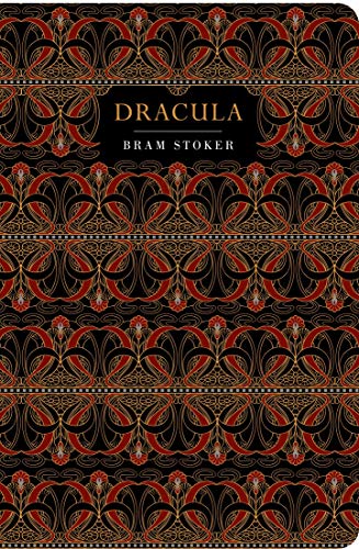 Hardcover book cover of Dracula by Bram Stoker with ornate red and gold patterns.