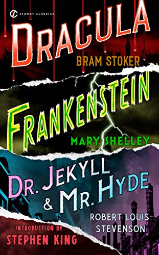 Book cover featuring titles of classic horror novels: Frankenstein, Dracula, Jekyll & Hyde.