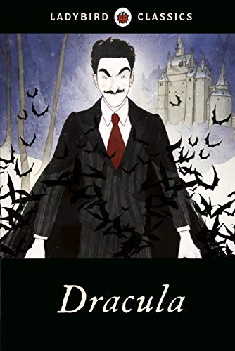 Illustration of Dracula in a suit and cape surrounded by bats before a castle.