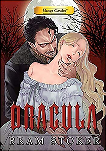 Manga-style cover of “Dracula” depicting a man and woman in a dramatic embrace.