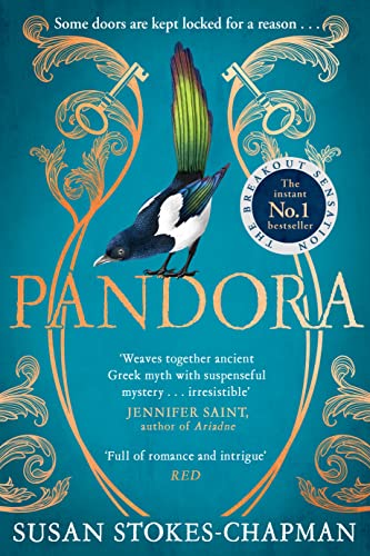 Book cover: "Pandora" with a magpie, ornate gold design, and author name.