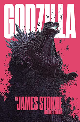 Godzilla roars on a pink background, detailed comic book cover art.