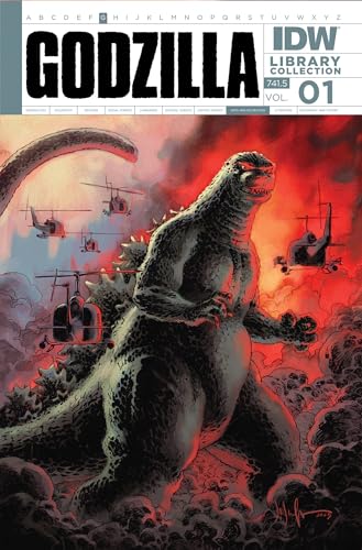 Godzilla comic book cover with monster facing helicopters in fiery scene.