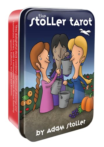 Red tin containing illustrated tarot cards depicting three women with pumpkins.
