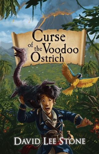 Boy surprised by a purple ostrich, with a volcano in background.