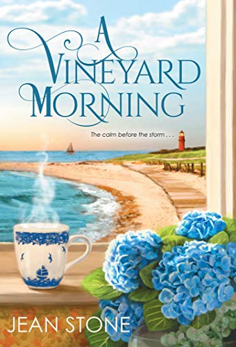 Book cover: coastal scene, blue hydrangeas, and a steaming mug in foreground.
