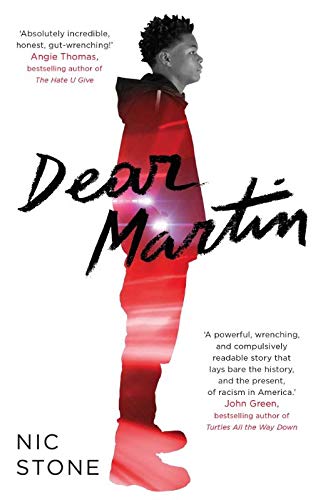 Book cover of Dear Martin by Nic Stone featuring a young man's silhouette.
