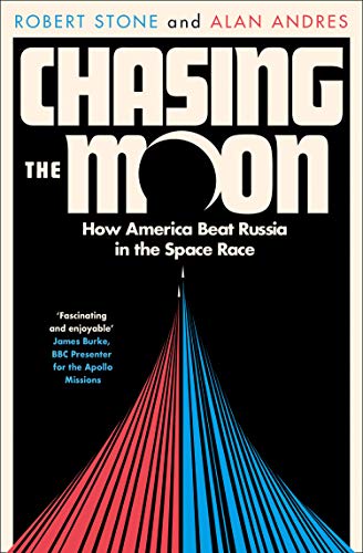 Book cover for “Chasing the Moon” with red and blue lines converging.