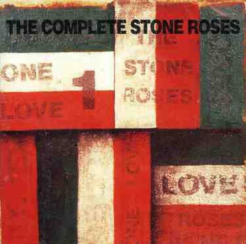 Album cover for The Complete Stone Roses, with red, white, and black stripes.
