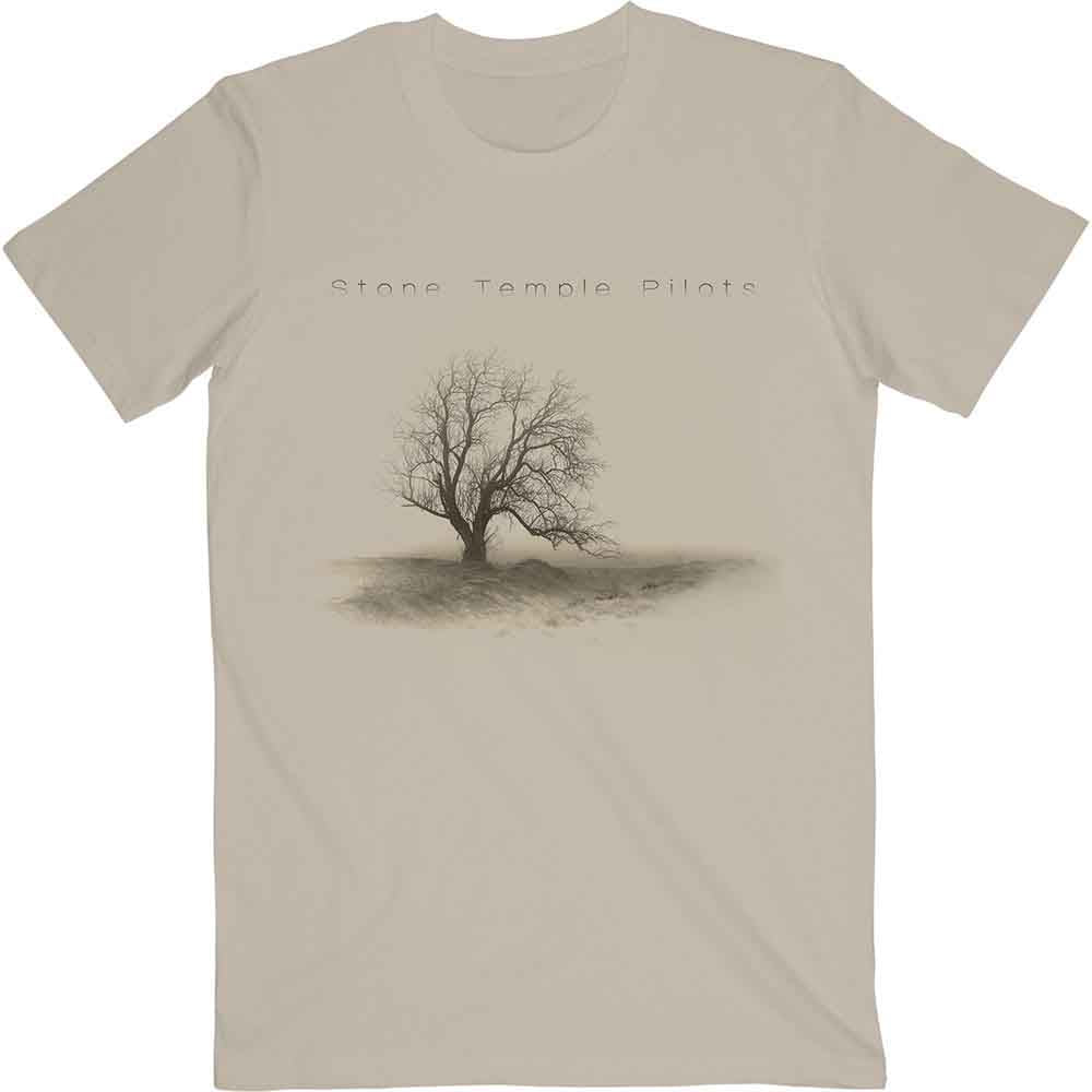 Man wearing a natural-colored t-shirt featuring a leafless tree and band text.