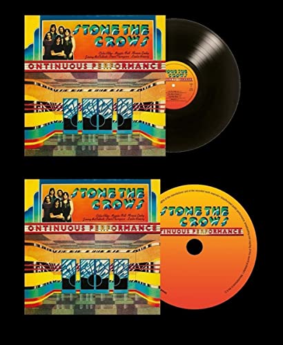 Stone The Crows "Ontinuous Performance" vinyl record and label closeup.