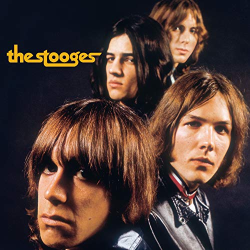 The Stooges band portrait with Iggy Pop, long hair, and dark clothing.