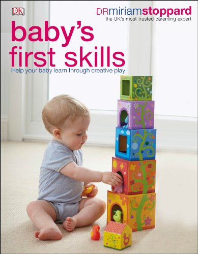 Baby playing with colorful stacking blocks, book cover illustration.