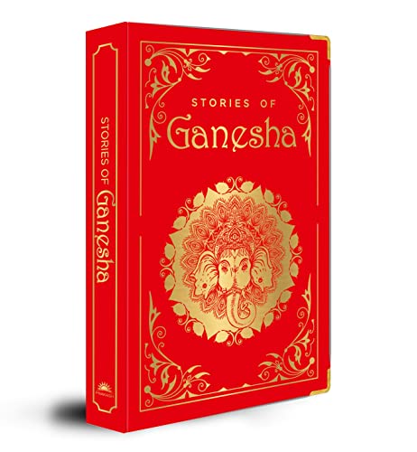 Red hardbound book titled Stories of Ganesha with gold embossed Ganesha and floral patterns.