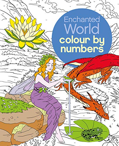 Colouring book with numbered illustrations of fantastical scenes, part of a collection.