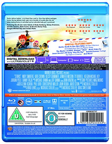 "Blu-ray case with cartoon characters: stork, woman, robotic bird, and baby on a road."