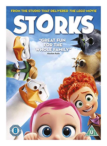 DVD cover art featuring the animated characters from the movie Storks against blue sky.