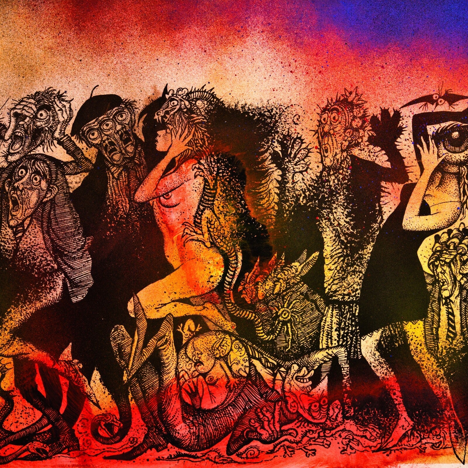 Surreal, detailed illustration of figures amidst swirling red, purple, and gold.