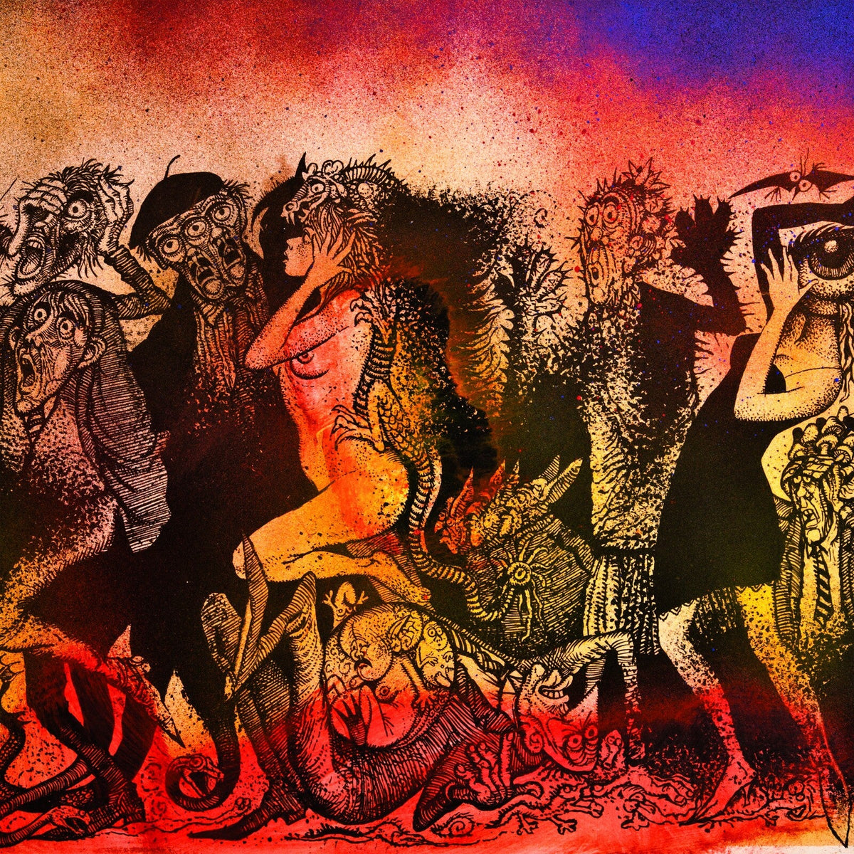 Intricate, textured illustration of distorted figures in red, yellow, and black.