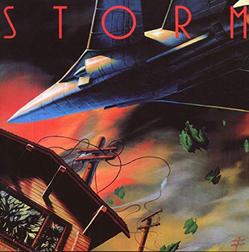 CD cover: Jet aircraft over a damaged house in a storm.