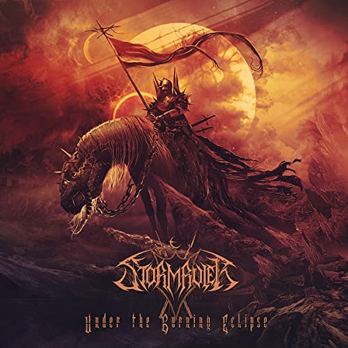 "Album cover art: knight on horseback with flag, under a burning eclipse."