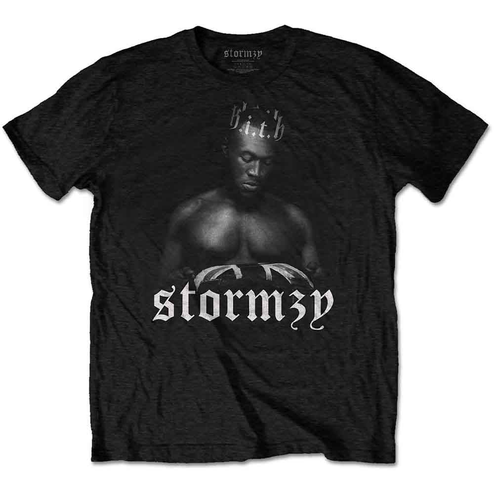 Black t-shirt with Stormzy’s face and logo, worn by a man.