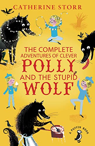 Book cover illustration of a girl named Polly and a black wolf on yellow.