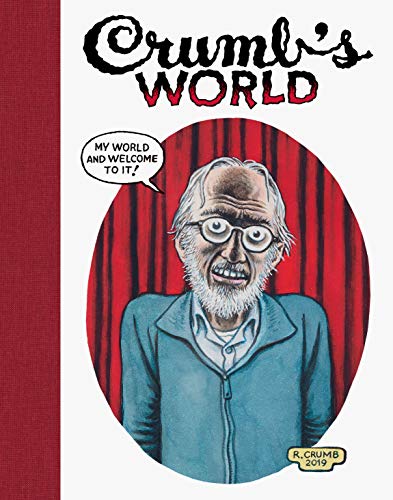 Book cover illustration of Robert Crumb with a speech bubble against a red curtain.