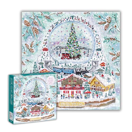 Completed winter village jigsaw puzzle with a snow globe and train.
