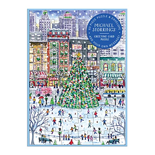 Winter city scene with a Christmas tree and ice skaters, jigsaw puzzle.