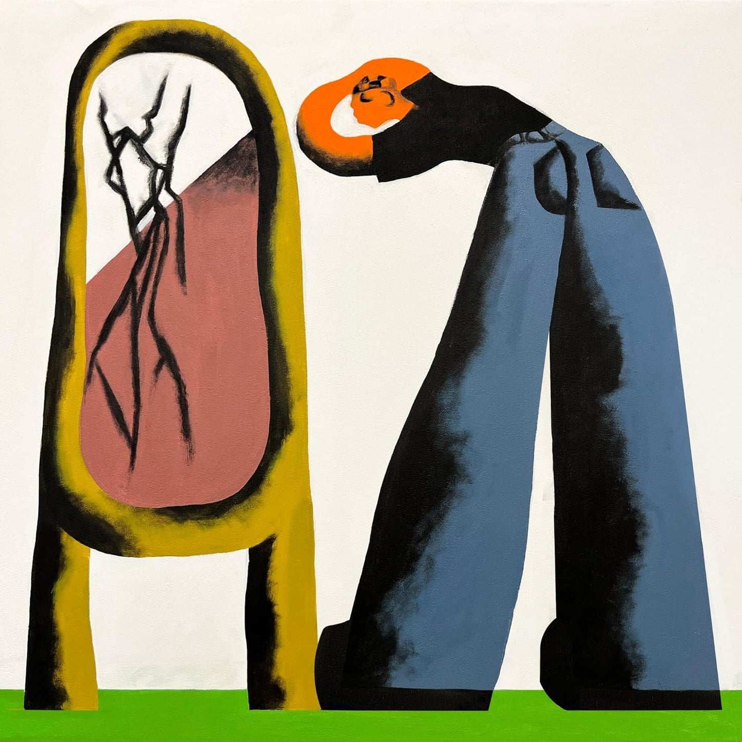 A stylized figure with an orange head leans toward a tall, cracked yellow mirror.