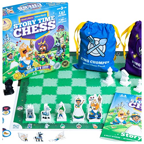 Story Time Chess set with colorful characters and green game board.