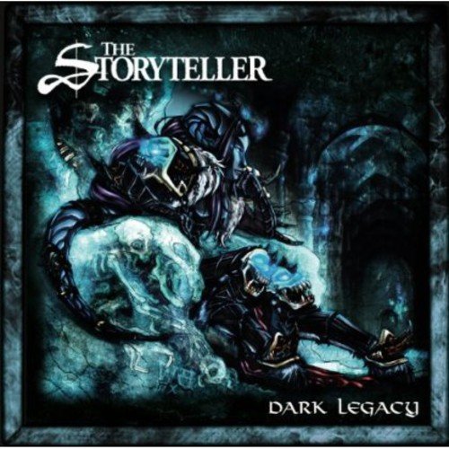 "Album cover with a dark, armored figure sitting amidst skulls and stone arches."