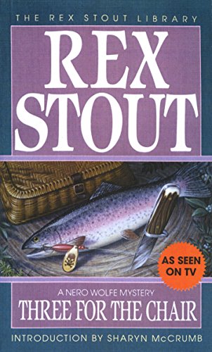 Book cover: "Three for the Chair" by Rex Stout, featuring fish and a knife.