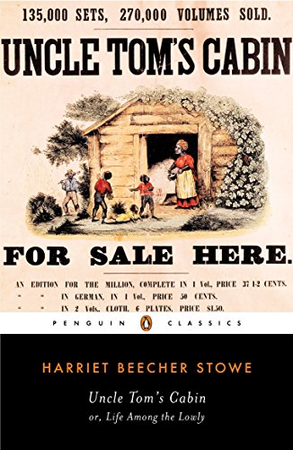 Book cover of “Uncle Tom’s Cabin” with a cabin illustration and text.