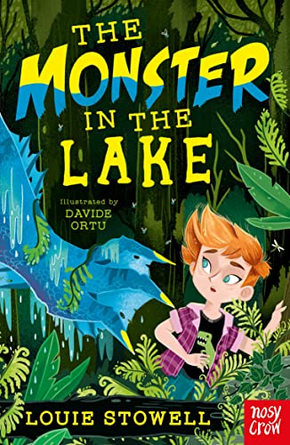 Book cover: boy facing a blue, long-necked monster in lush greenery.