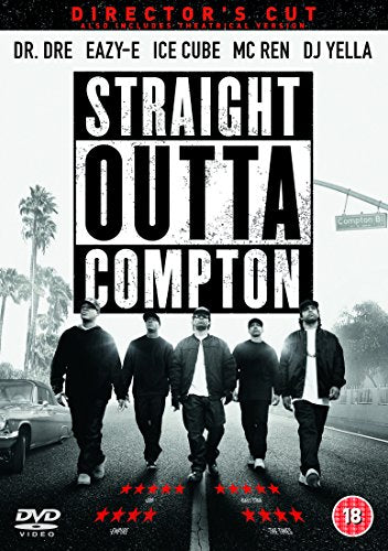 DVD cover for Straight Outta Compton featuring five men walking on a street.