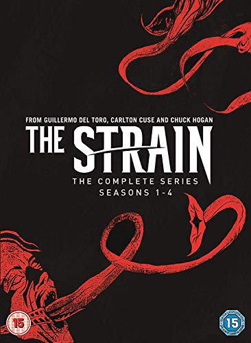 DVD cover for "The Strain" seasons 1-4, with red worm-like imagery.